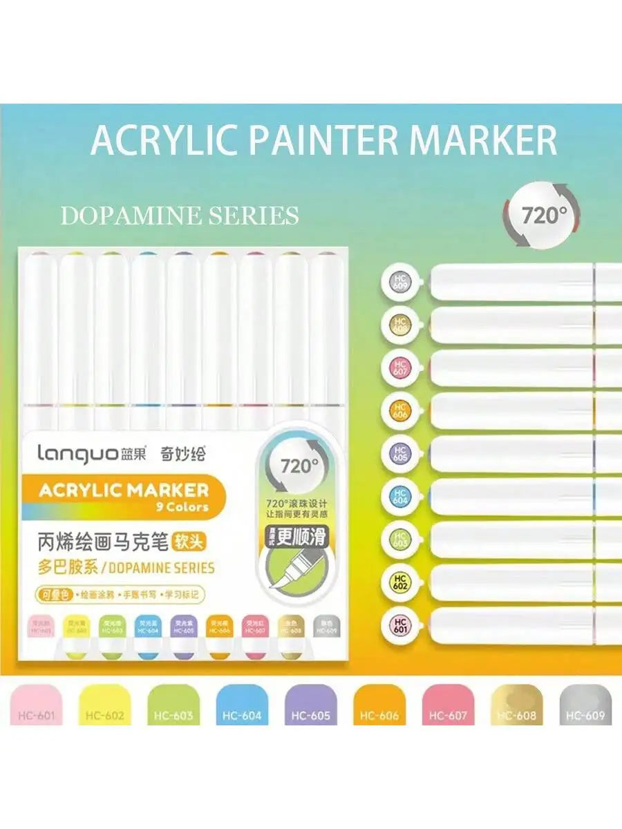 9-Piece Soft Brush Acrylic Marker Pen Set for DIY Hand Drawn Art, Student Graffiti, and Painting - M720 DOPAMINE SERIES