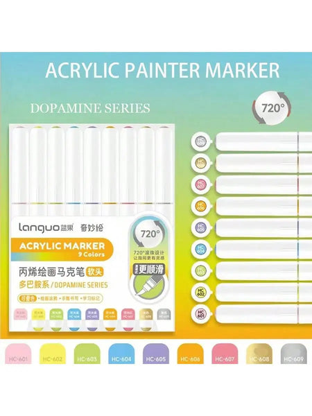 9-Piece Soft Brush Acrylic Marker Pen Set for DIY Hand Drawn Art, Student Graffiti, and Painting - M720 DOPAMINE SERIES