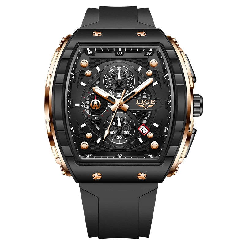 LIGE Luxury Square Casual Quartz Watch - 50M Waterproof Chronograph Rose gold black