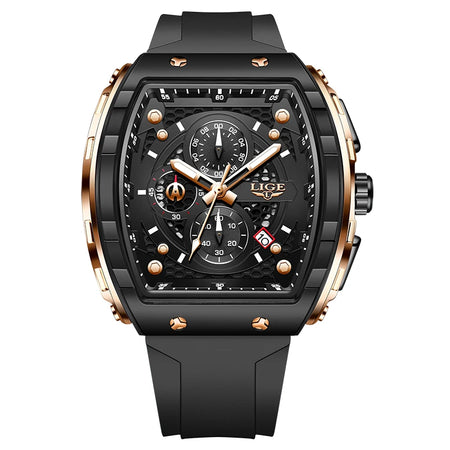 LIGE Luxury Square Casual Quartz Watch - 50M Waterproof Chronograph Rose gold black