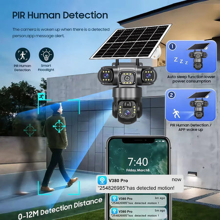 V380 Pro Solar Camera 4G SIM Outdoor Three Lens Three Screens PIR Human Detect CCTV Security Battery PTZ IP Camara Farm orchard