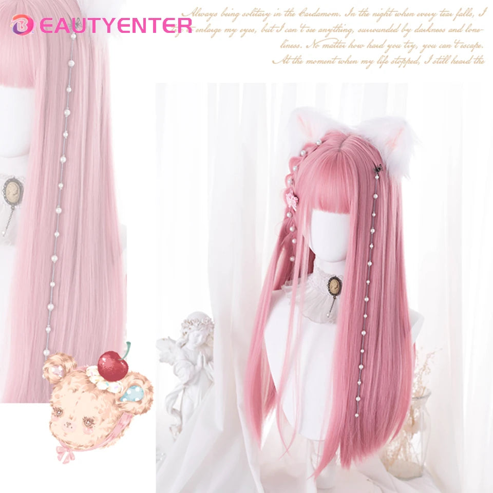 BeautyEnter Pink Long Straight Wig with Bangs for Cosplay and Daily Use