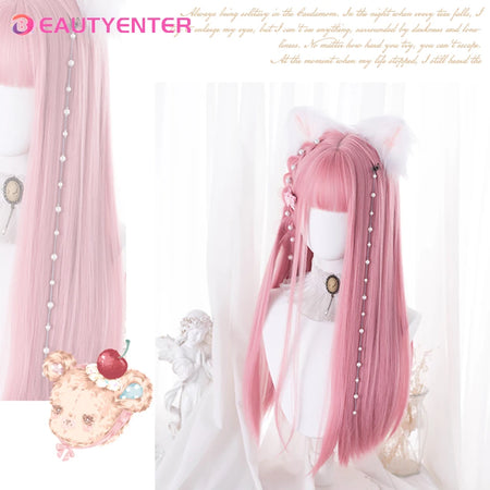 BeautyEnter Pink Long Straight Wig with Bangs for Cosplay and Daily Use