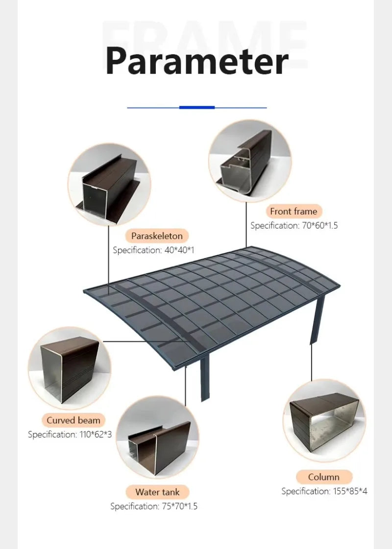 Pārnēsājamais alumīnija automašīnu nojume ar polikarbonāta jumtu āra stāvvietai, laika apstākļiem izturīga PVC rāmja patversme