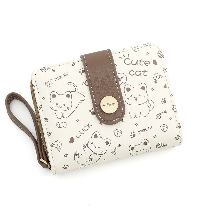 Cute Cat Girl Zipper Wallet for Women &ndash; Fashionable Short Card Holder and Coin Purse khaki