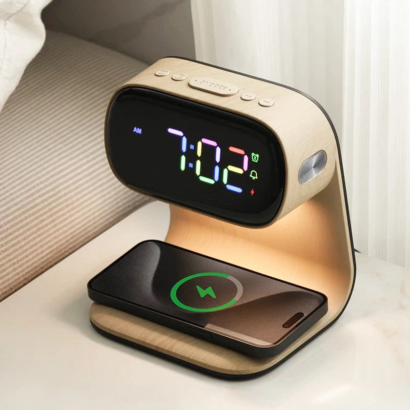 Modern Multifunctional Alarm Clock with Night Light and Wireless Charging Original wood color
