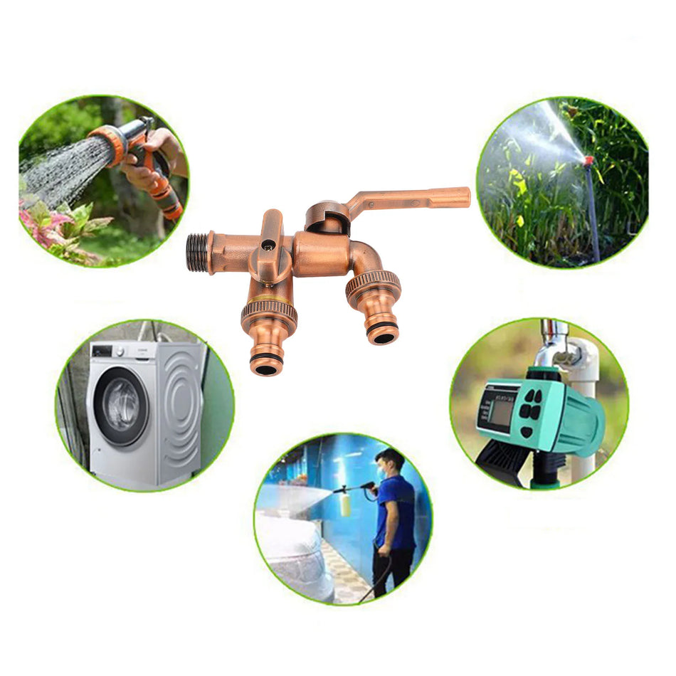 Double Taps Water Faucet Splitter - Brass 2 Way Outlet