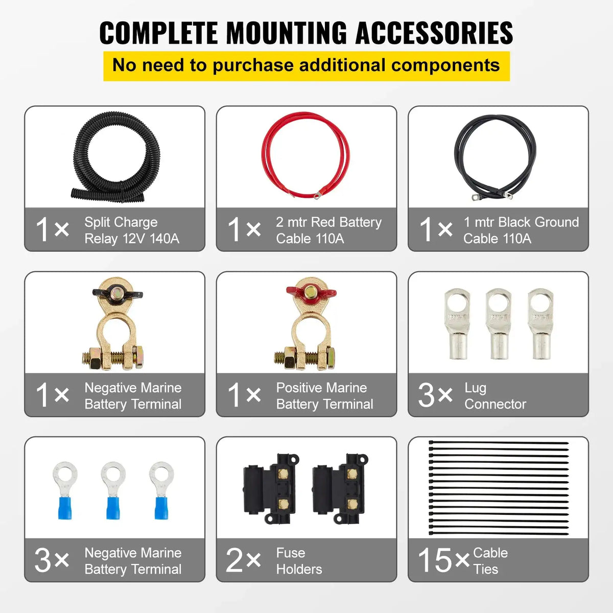 Split Charge Relay Kit 12V 140A - High Current 2 mtr Battery Cable / france