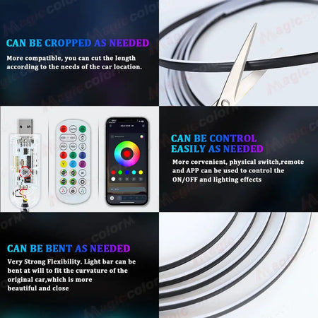 3Meters 4M Symphony Car Door Frame Ambient Lights Universal RGB LED Acrtlic Strips APP Bluetooth Remote Control USB Plug & Play by InterCyprus Trading Ltd