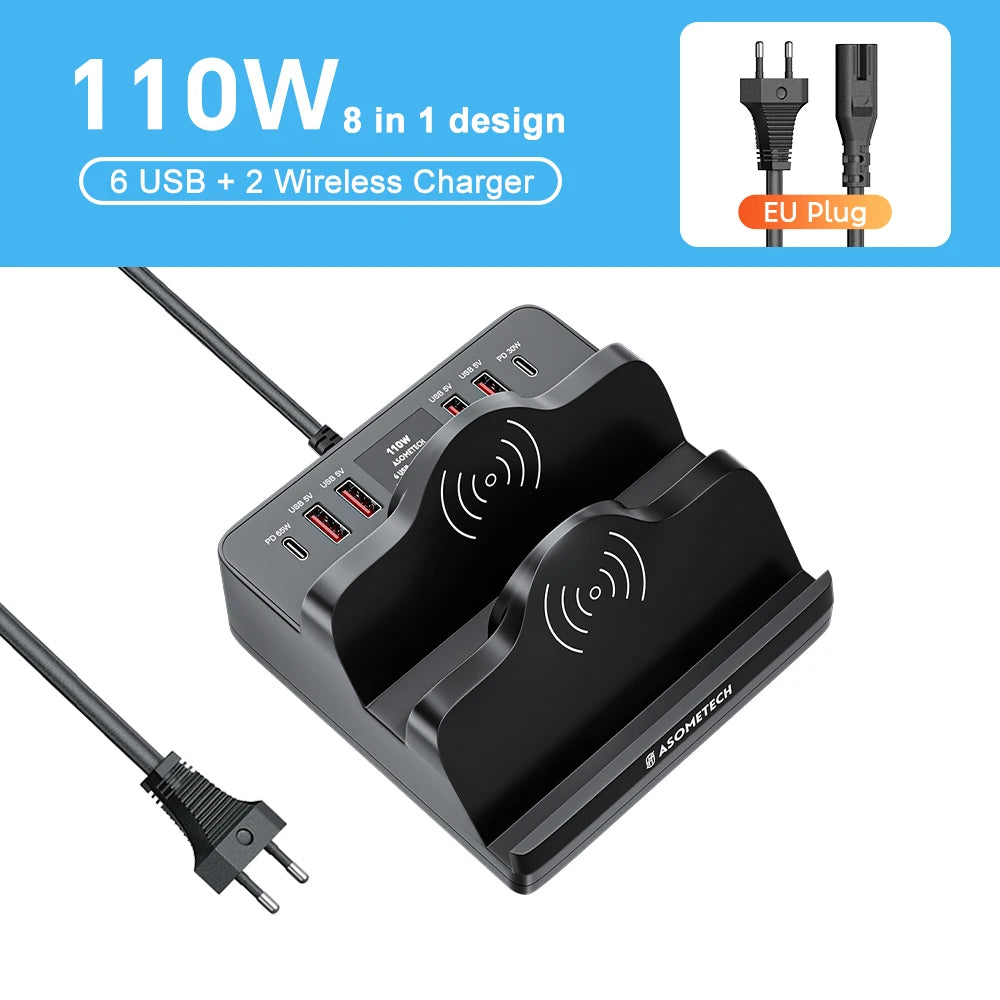 ASOMETECH 110W 6 Port USB Charger Station &ndash; Dual Fast Wireless Charging EU Plug