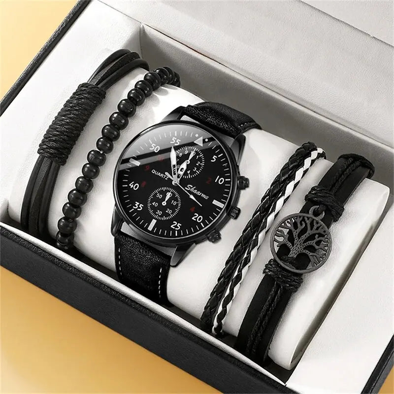 Luxury Brown Leather Quartz Watch with Bracelet Set for Men black