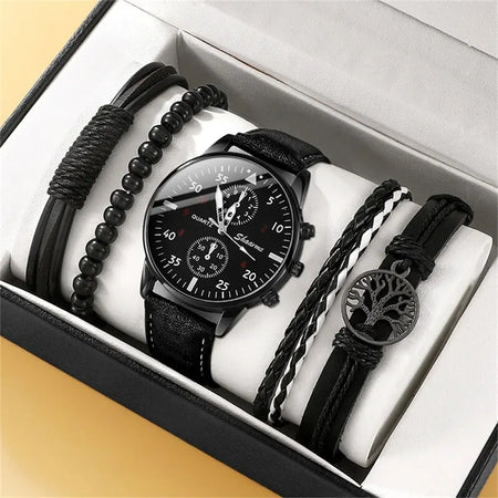 Luxury Brown Leather Quartz Watch with Bracelet Set for Men black