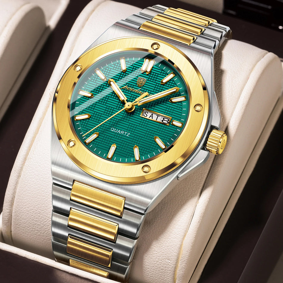POEDAGAR Men's Stainless Steel Quartz Watch with Date and Week Display Waterproof