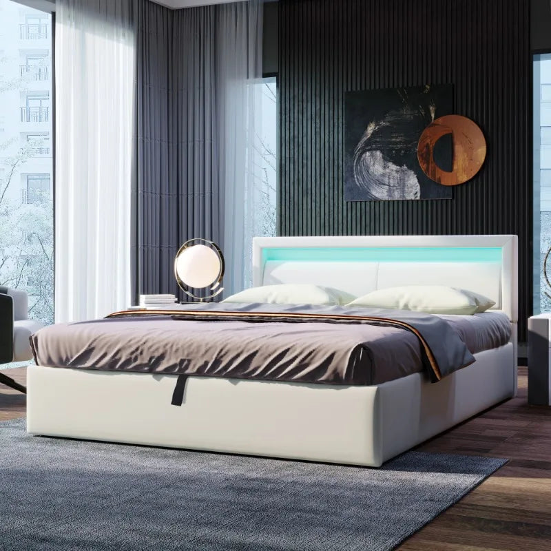 Oblazinjena posteljna konstrukcija 140x200 cm z shrambo osvetljenim naslonjalom