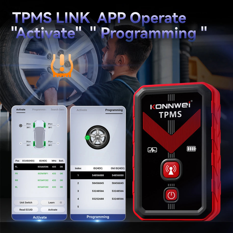 Προγραμματιζόμενο εργαλείο TPMS με επανεκμάθηση μέσω OBD και έλεγχο από εφαρμογή τηλεφώνου 315 433MHz