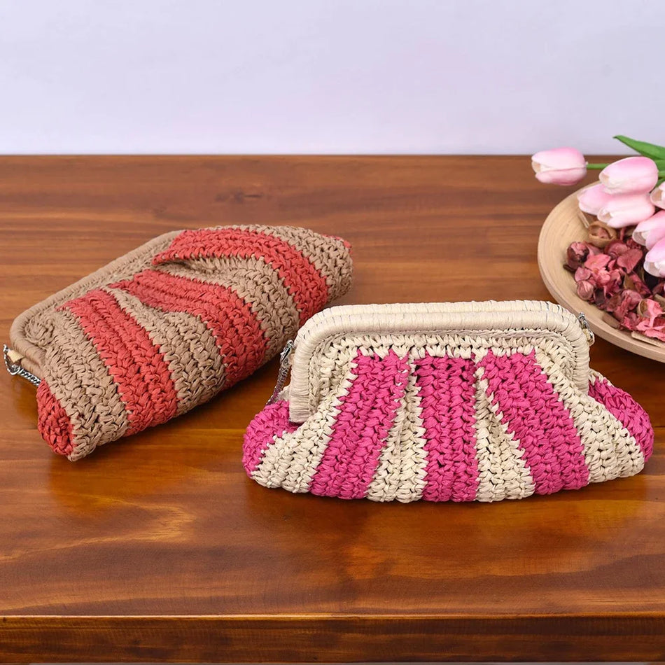 Hasır Clutch El Çantası El Yapımı Çizgili Dokuma Plaj Çantası