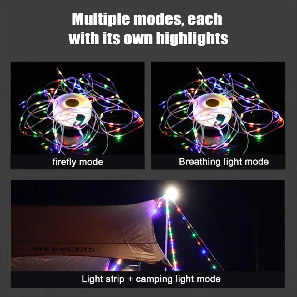 Portable LED String Lights For Camping, 8m Outdoor Decor, Rechargeable 1500mAh