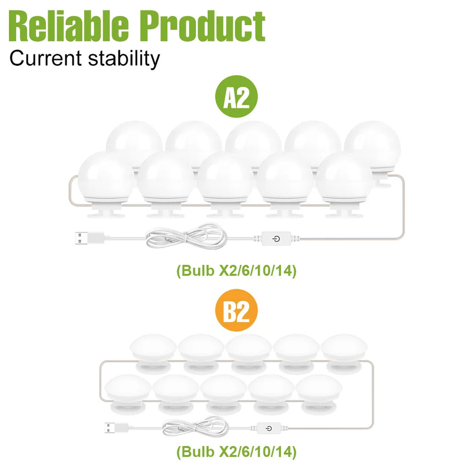 LED 3 Colors Makeup Mirror Lights Touch Dimmable USB Powered For Vanity