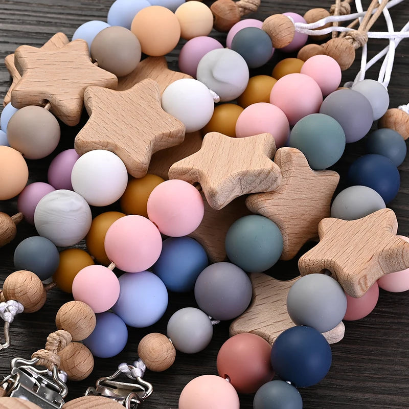 Wooden Pentagram Teether Pacifier Chain with Silicone Beads