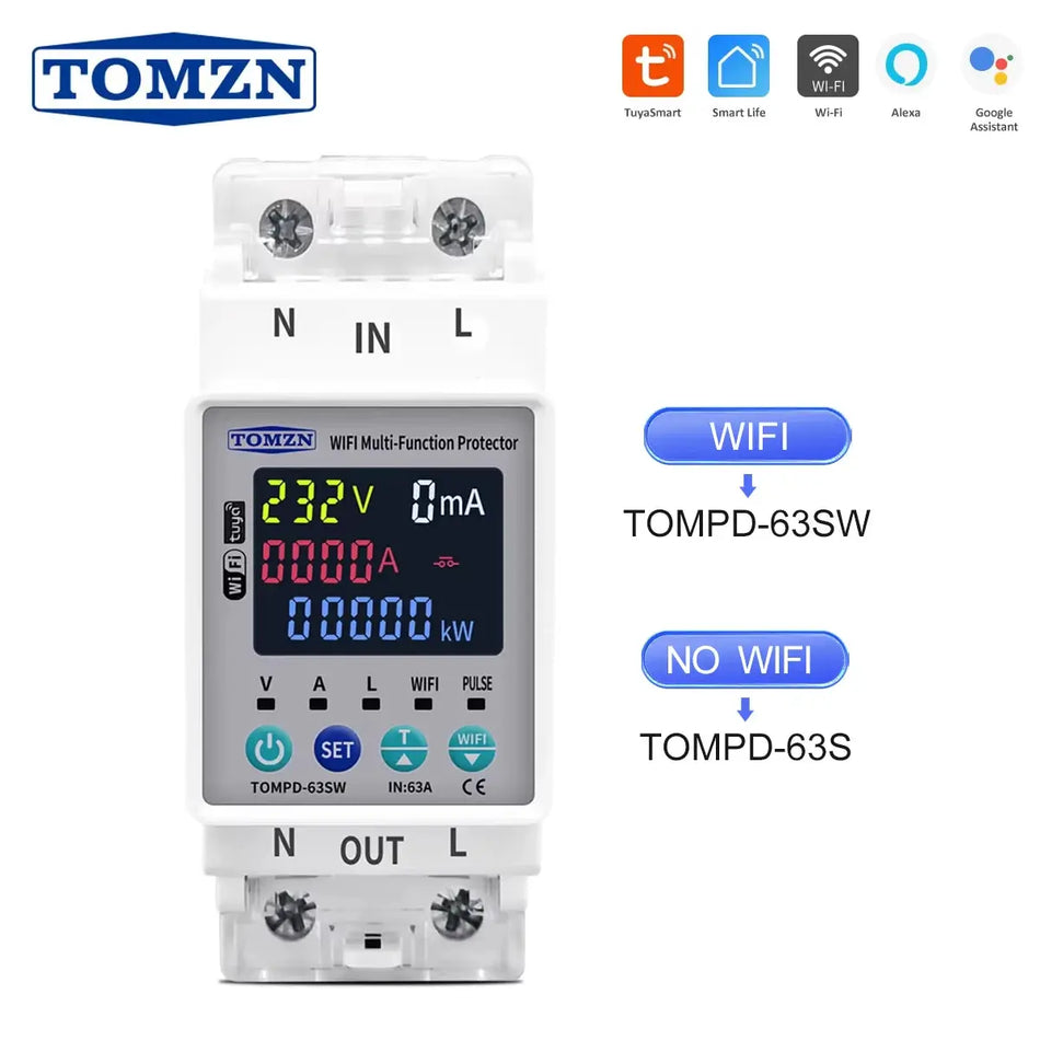 TOMZN 2P 63A AC 110V 230V TUYA WIFI Smart Switch kWh Metering Circuit Breaker Timer with Voltage Current and Leakage Protection by InterCyprus Trading Ltd