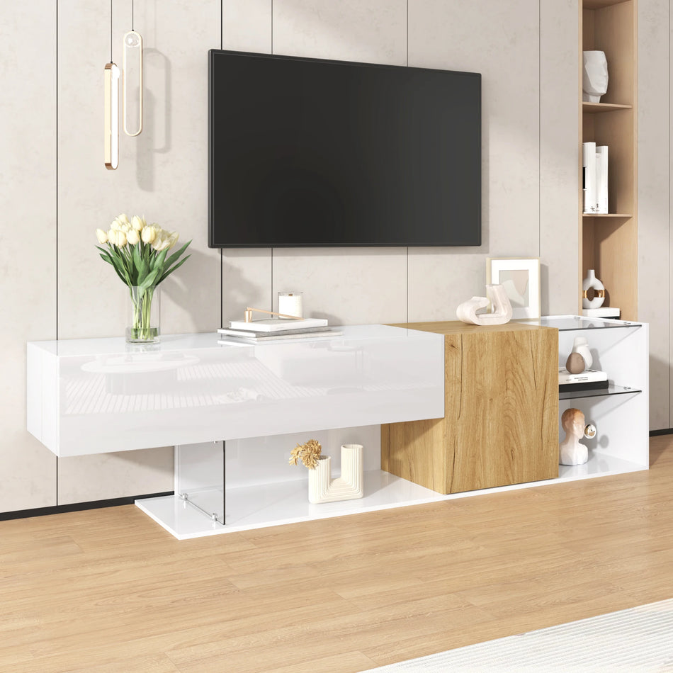 Moderno Mueble de Televisión Blanco Brillante con Estantes de Vidrio de Madera 180cm