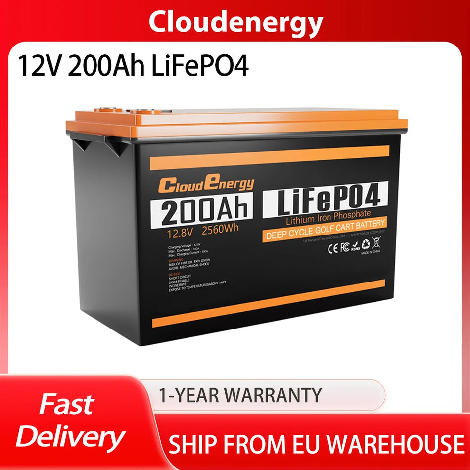 Cloudenergy 12V 200Ah LiFePO4 akumulatoru komplekts rezerves enerģijai 2560Wh 6000 cikli iebūvēts 100A BMS sērija paralēli