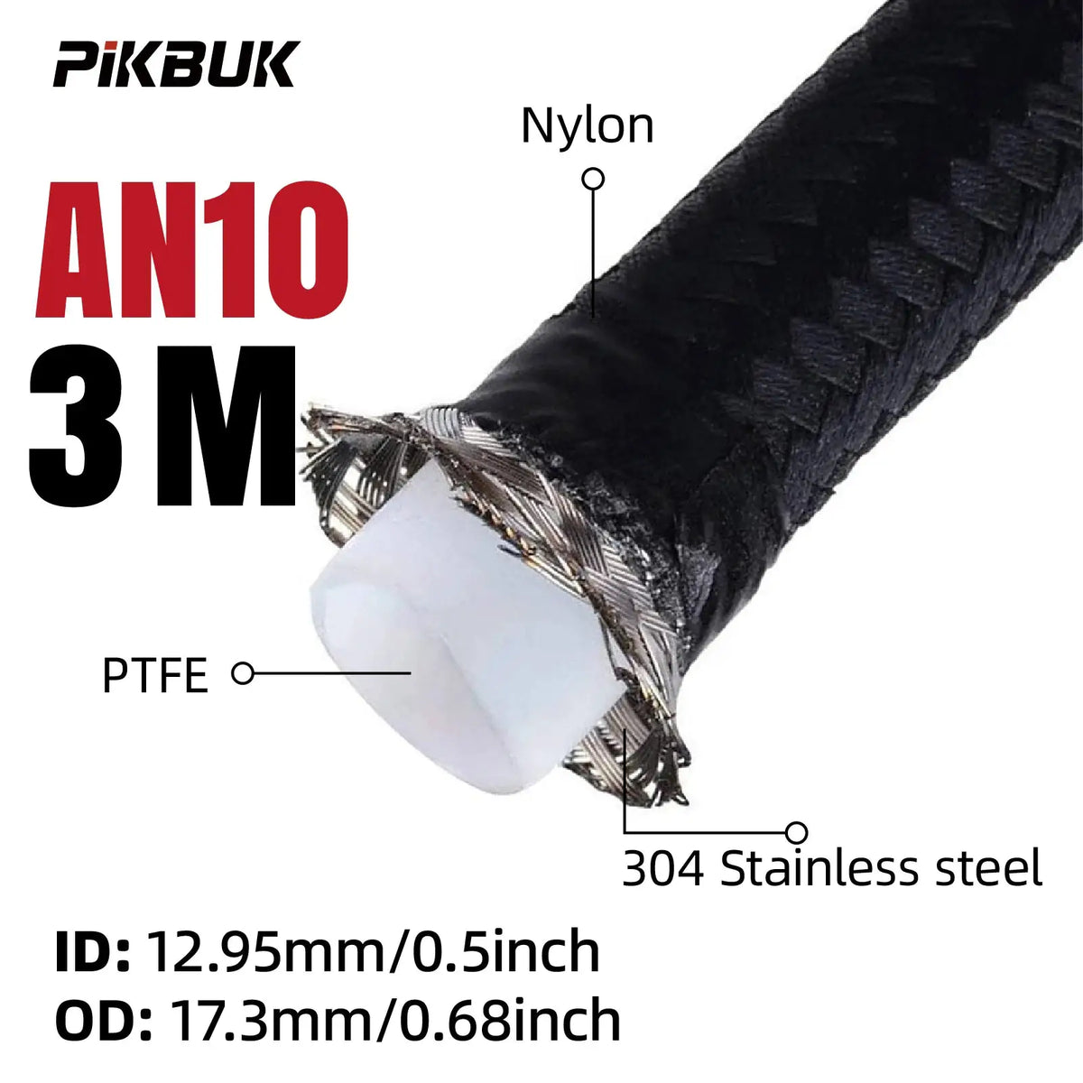 1M/2M/3M/5M AN4 AN6 AN8 AN10 Universal E85 Fuel Hose Oil Gas Cooler Line Pipe Tube Inside PTFE Nylon Stainless Steel Braided by InterCyprus Trading Ltd