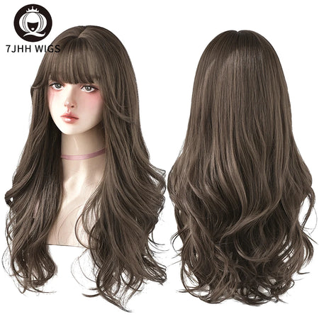 7JHH WIGS Brown Ash Long Deep Wave Wig with Bangs C8291-2