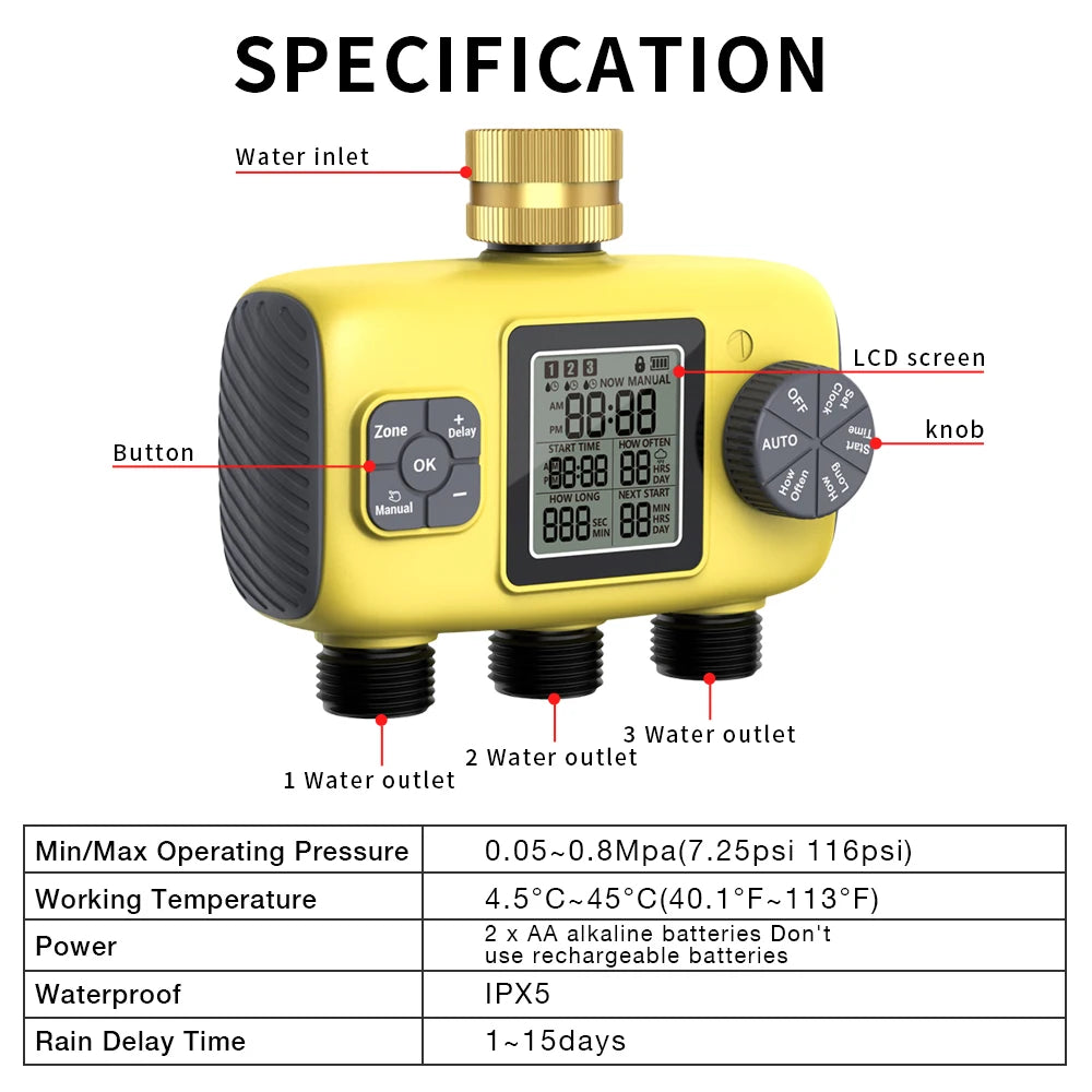 1/3 Zone Automatic Irrigation Water Timer &ndash; Smart Schedule 3 outlets