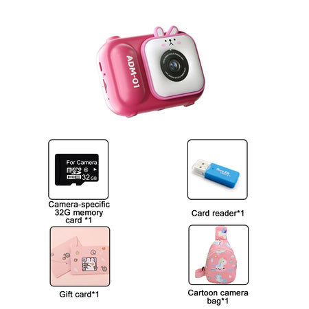 Children Video Camera For Kids - Dual Front And Rear Lenses Pink-with bag