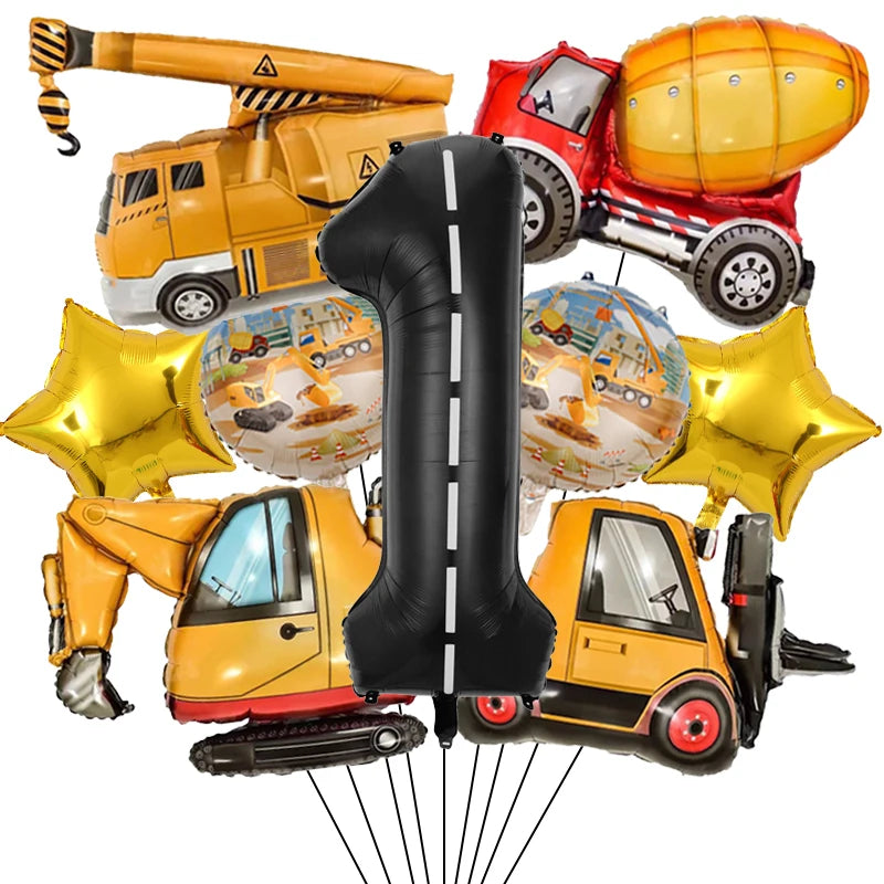 9Pcs/1Set Construction Vehicle Aluminum Film Balloon Excavator Crane 1-9 Digital Balloons Boys Birthday Party Decor Balloons Number1 set / Other