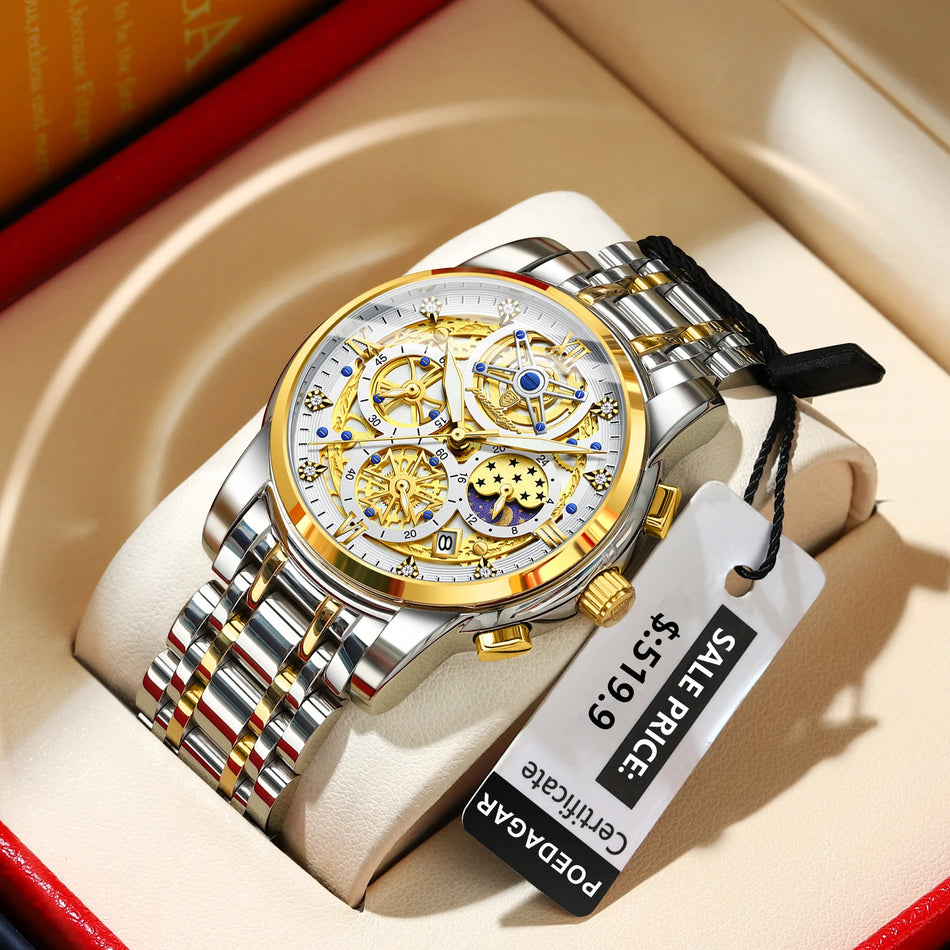 Poedagar Men's Watch Stainless Steel Waterproof Chronograph Quartz Luminous Date