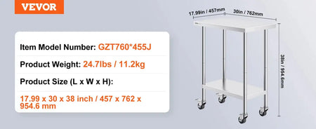 Stainless Steel Work Table Four Wheels 500 Lbs Load 30x18inch / UNITED KINGDOM