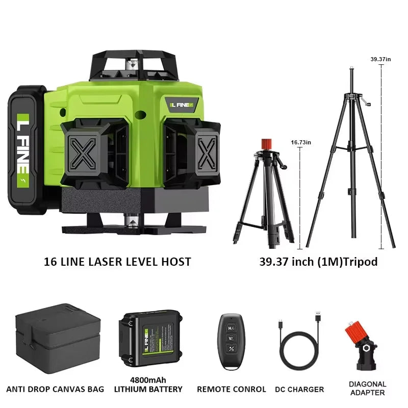LFINE 3D/4D Laser Level - 12/16 Lines with Remote &amp; 360&deg; Self-Leveling Tripod set