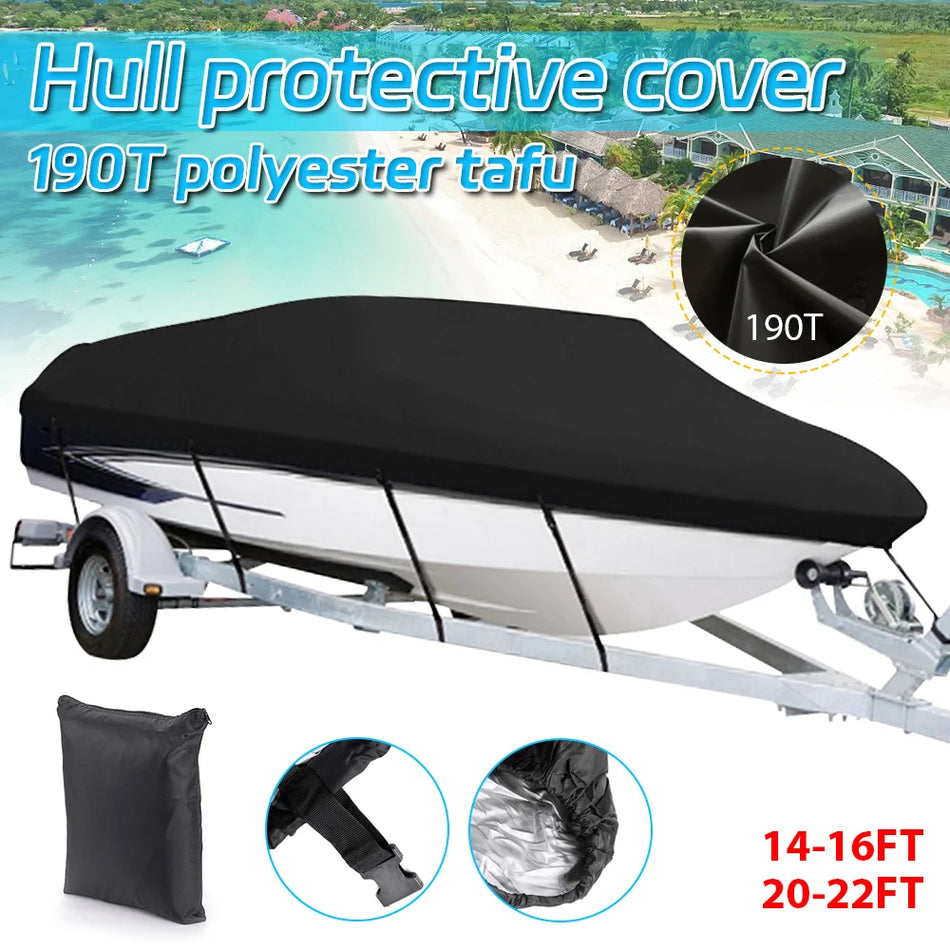 190T Waterproof Boat Cover Anti UV for Speedboats 14 to 22FT Black
