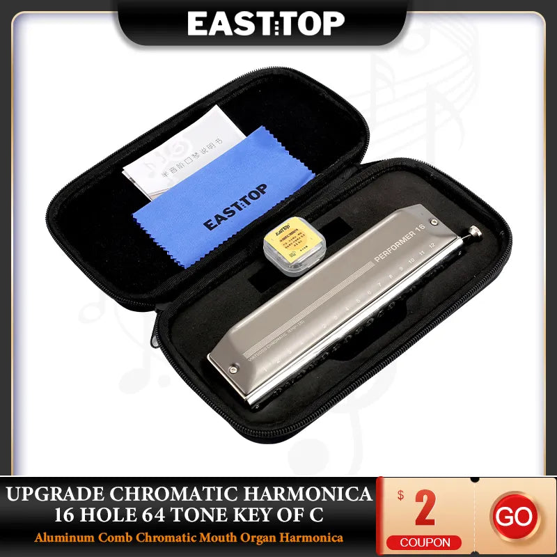 EASTTOP EMP-16 Upgrade Chromatic Harmonica 16 Hole 64 Tone Key of C Aluminum Comb Chromatic Mouth Organ Harmonica