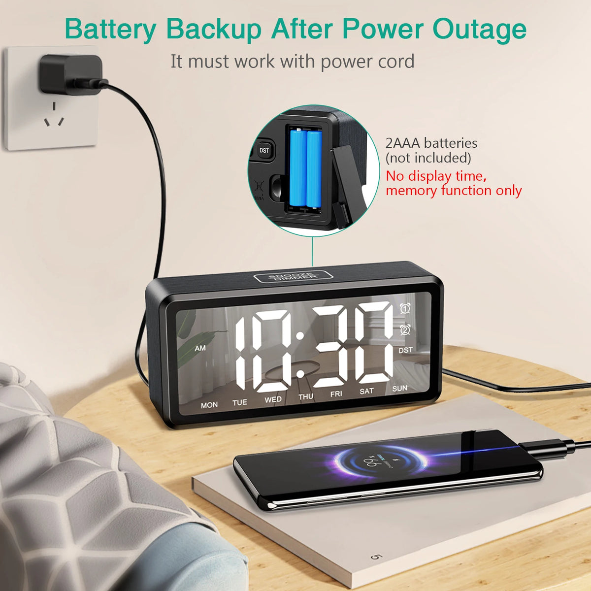 ORIA Wooden Grain Alarm Clock &ndash; Dual Alarm and Snooze Feature