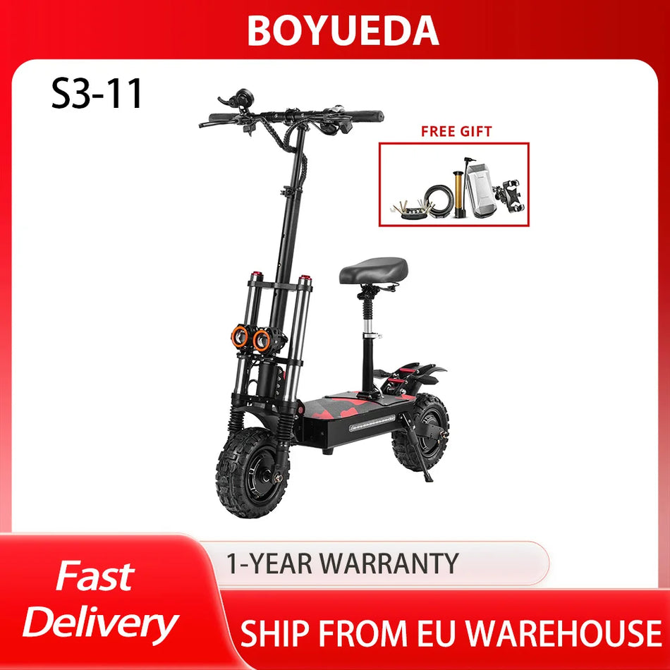 Boyueda S3-11 Ηλεκτρικό Πατίνι 120km Εμβέλεια 85 KmH Μέγιστη Ταχύτητα 2x3000W Κινητήρες 11 Ιντσών Ελαστικό 60V 38Ah 2280Wh Οθόνη LCD