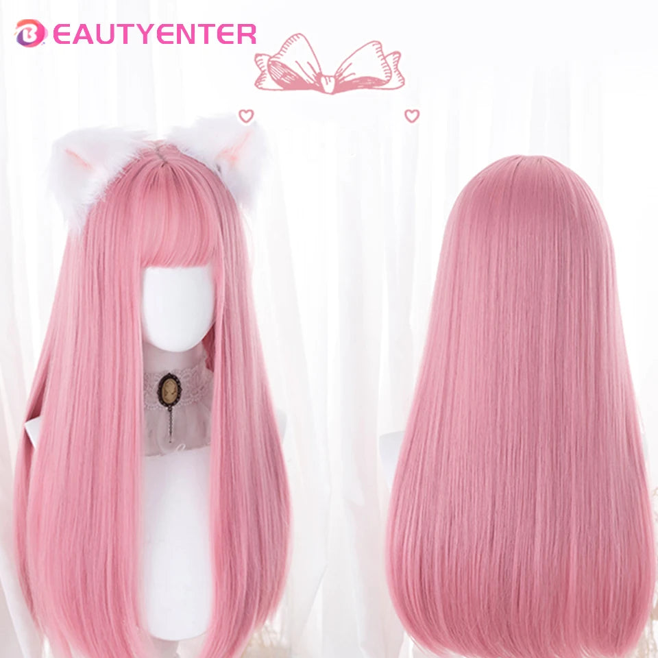 BeautyEnter Pink Long Straight Wig with Bangs for Cosplay and Daily Use