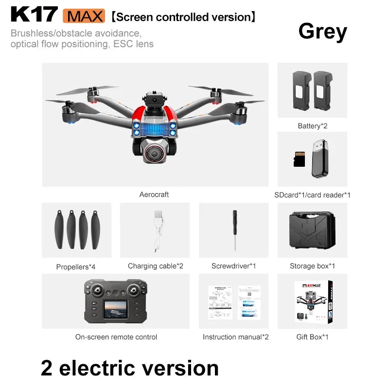 K17Max Mini RC Drone - 4K HD Dual Camera With Screen Gray with 2Batterie