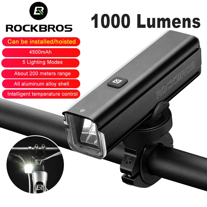 Велосипедный фонарь RockBros 1000-1500LM с LED, зарядка Type-C, водонепроницаемый алюминиевый передний свет IPX6 для езды на велосипеде
