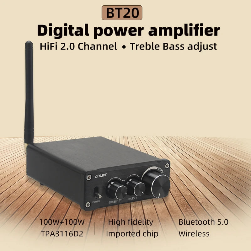 HiFi 2.0 Digital Audio Amplifier TPA3116D2 100W x 2 with Bluetooth 5.0 BT20