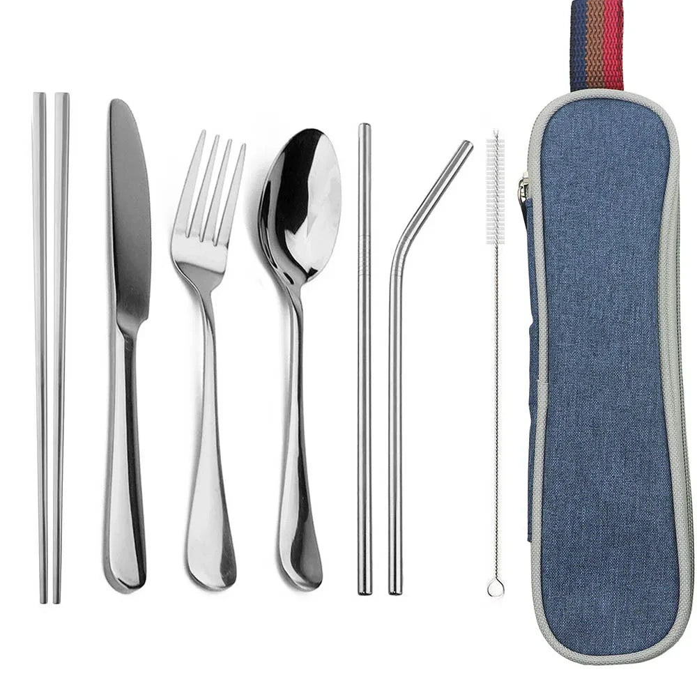 Travel Hiking Portable Dinnerware Set &ndash; Eco-Friendly Stainless Steel Cutlery Blue Bag Silver