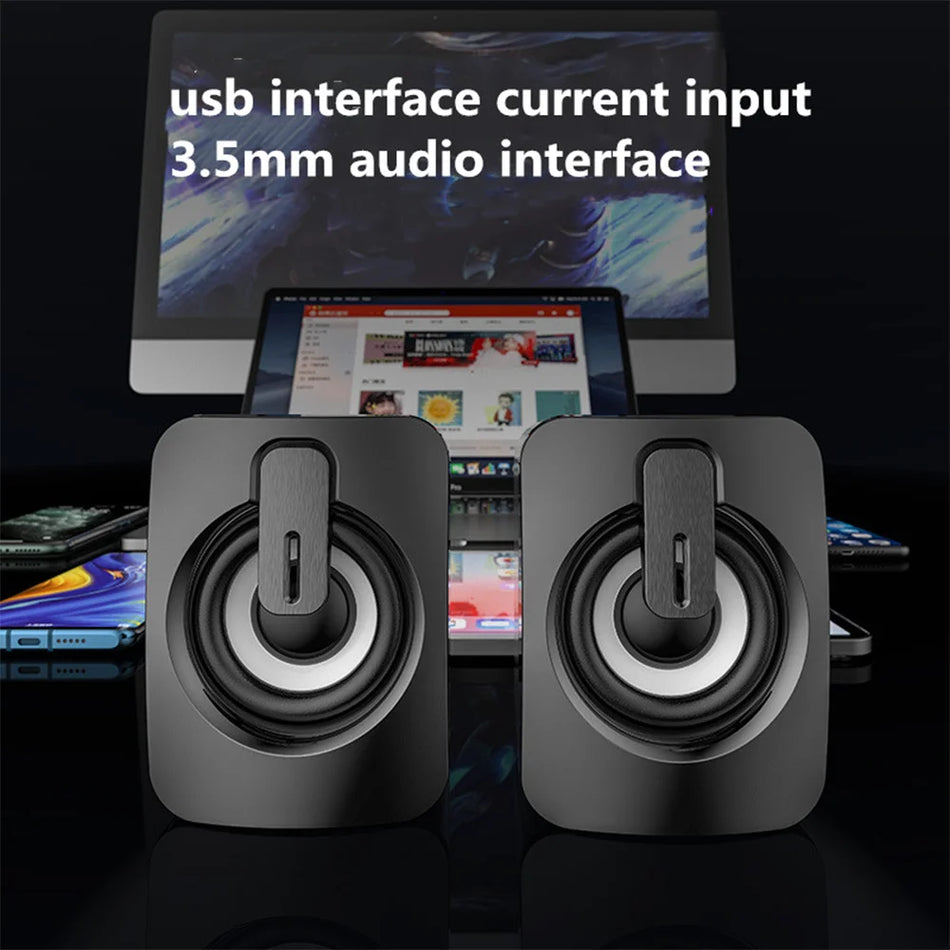Хифи стерео мини USB компютърски колонки с LED светлина, 6W, ABS пластмаса