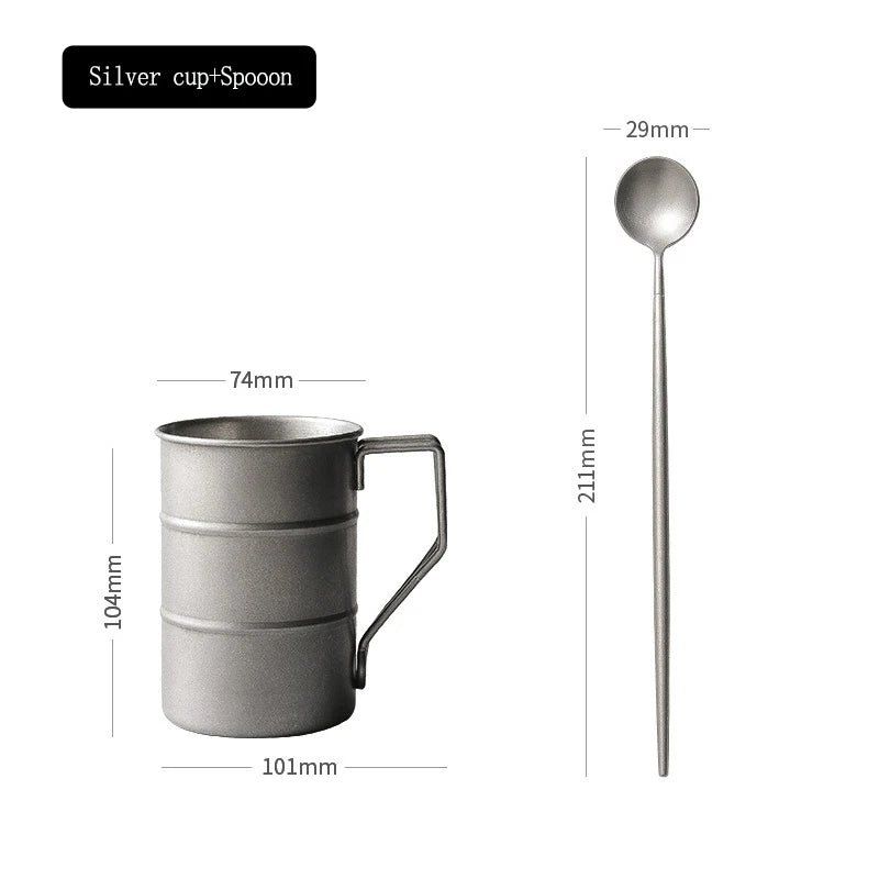 Retro Oil Barrel Mug Coffee Cup - Durable Stainless Steel Silver-with Spoon / about 370ML