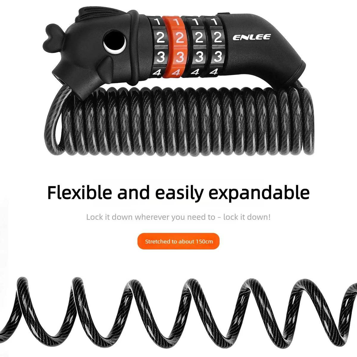 ENLEE New 150cm Stretchable Coiled Steel Wire Lock 4 Digit Password Anti Rust Helmet Lock For Bike Motorcycle Scooter Helmets by InterCyprus Trading Ltd