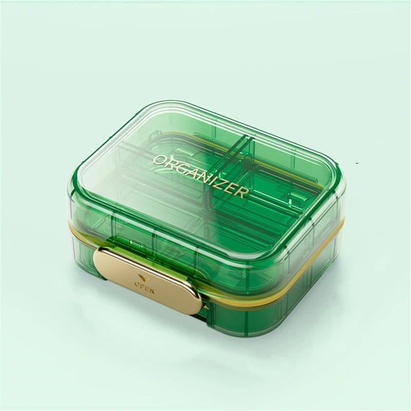 Travel-Friendly Dustproof Pill Box Organizer with Secure Closure and Moisture Protection green