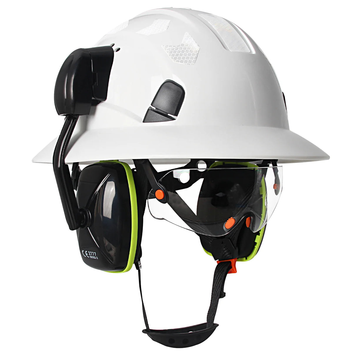 CE Full Brim Hard Hat With Goggles Earmuffs &ndash; All In One White set