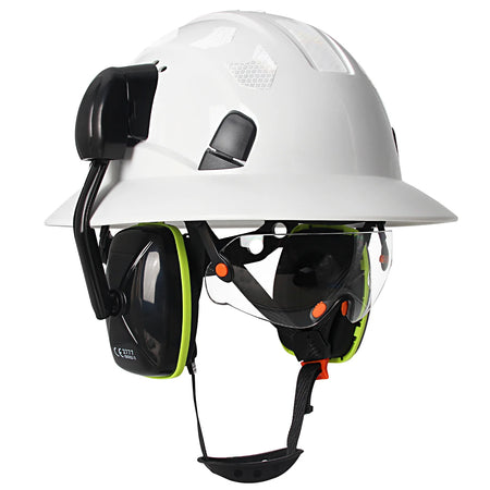 CE Full Brim Hard Hat With Goggles Earmuffs &ndash; All In One White set