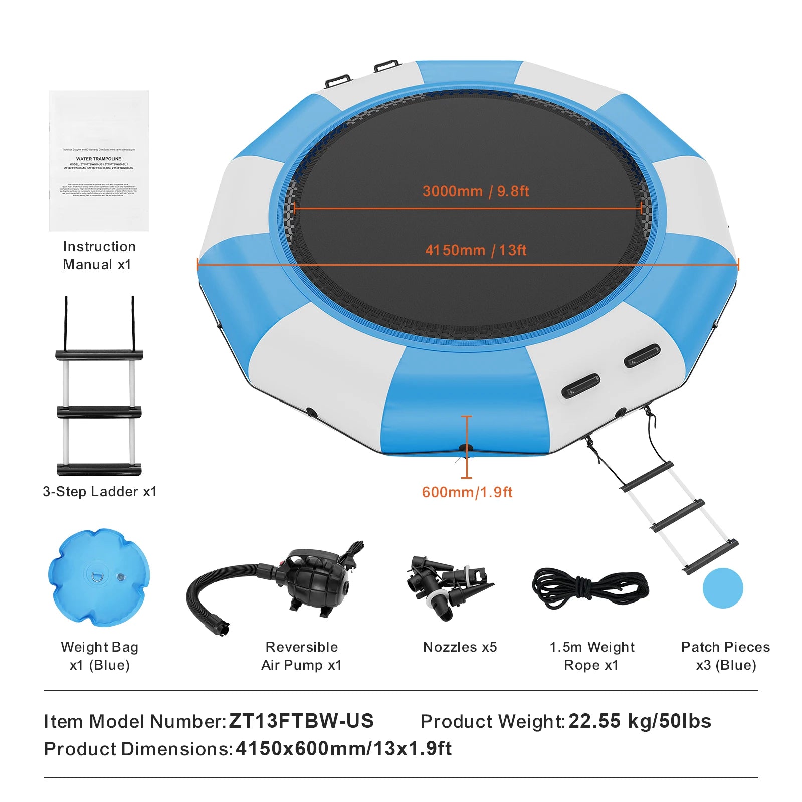VEVOR 13ft Inflatable Water Bouncer &ndash; Portable Fun for All blue and white / CZECH REPUBLIC